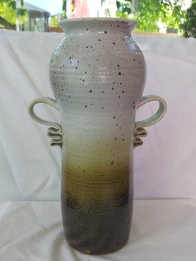 Studio Art Pottery Vase 10 3/4in Speckled Glaze Decorative Handles Artist Signed